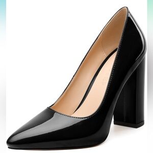 High Chunky Block Heels Closed Pointed Toe Pumps Fashion Patent Dress Shoes